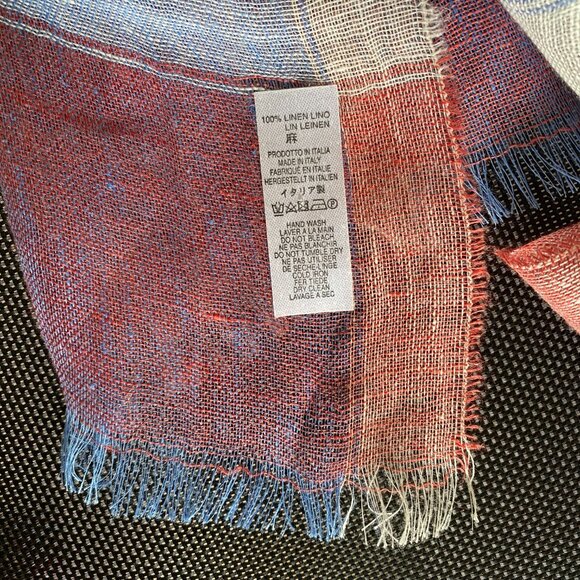 NWT Made In Italy 100% Linen Frayed Scarf Wrap Red Blue White Plaid 20 x 78 in - Picture 4 of 8